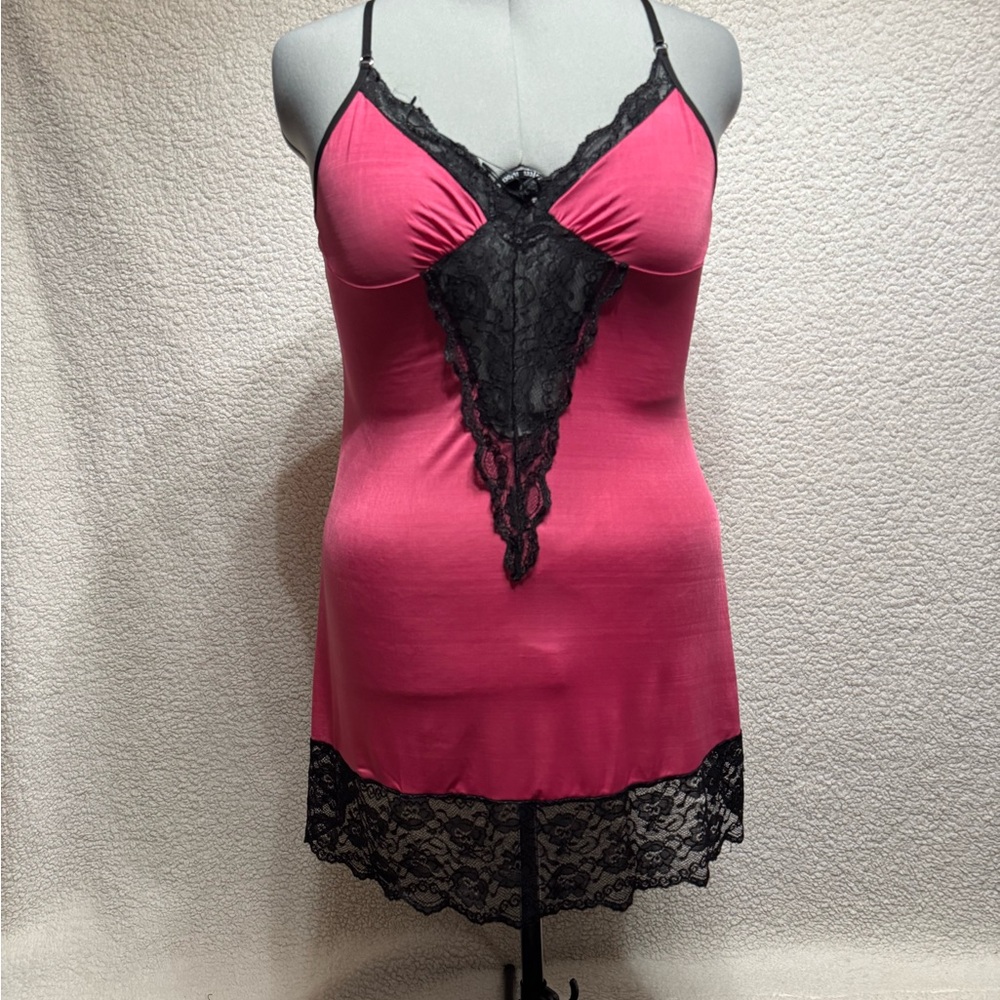 Pink & Maroon Lace Chemise Gown Nightie | Black Lace | Stretch Satin | 1X–2X